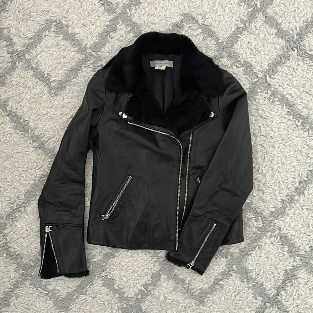 Gerard Darel real leather and rabbit fur black moto jacket. Lovely soft leather!